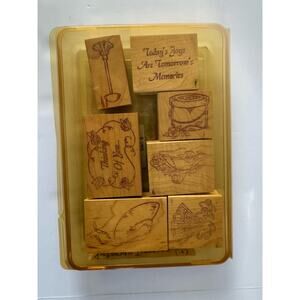 Victorian Treasure 7 Pc Hat Box Fan Rubber stamp Wood Mounted Vintage LOT #DR